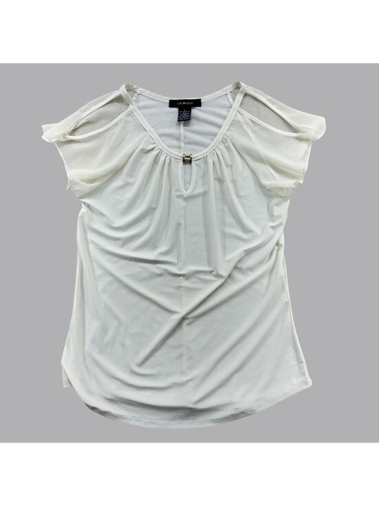 Liz Mccoy Tops - Liz McCoy White Cold Shoulder Sheer Sleeve Blouse Women Size Small Keyhole Top